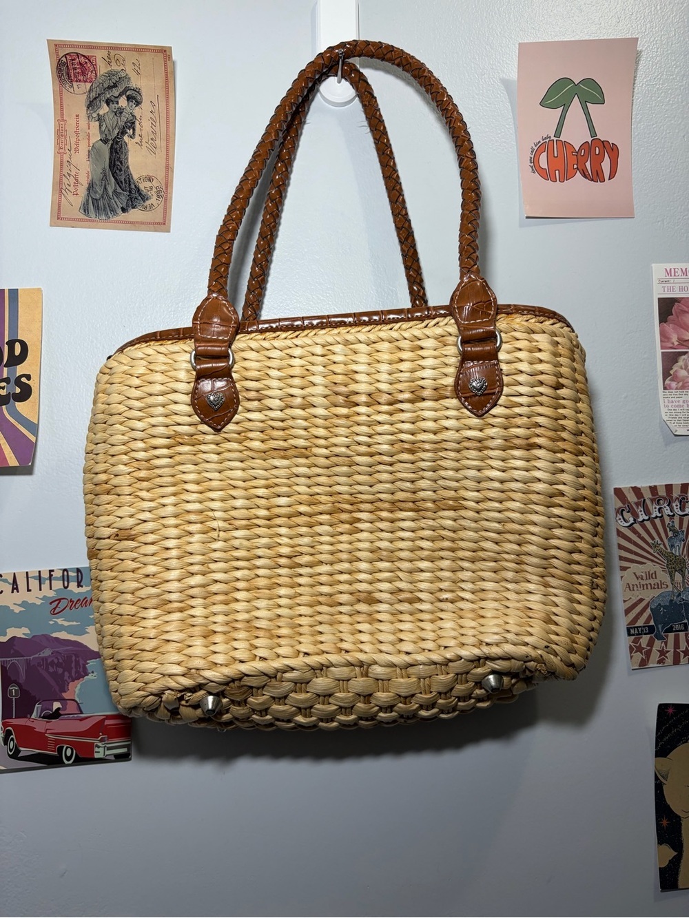 Woven Straw Tote with Brown Leather Trim and Heart Accent - Picture 2 of 5